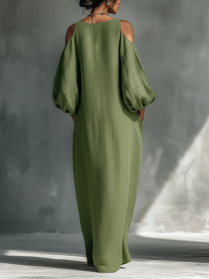 Light Green Off-Shoulder Maxi Dress with Puff Sleeves & Pockets