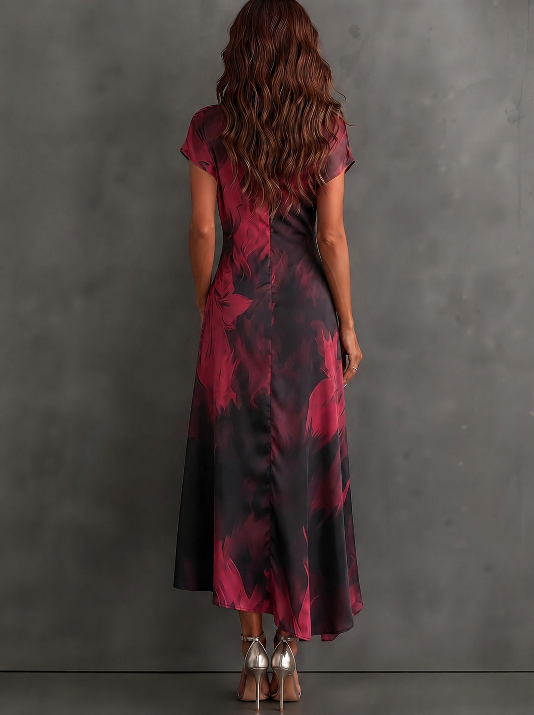 Red Black Abstract Print Wrap Midi Dress Collared V Neck Short Sleeve Tie Waist Ruffled High‑Low Hem Dress.