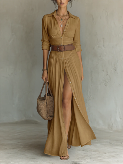 Cotton-Linen Long-Sleeve Lapel Maxi Dress