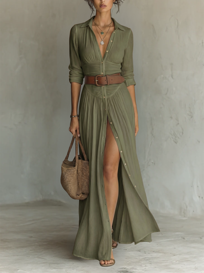 Cotton-Linen Long-Sleeve Lapel Maxi Dress