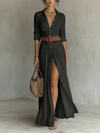 Cotton-Linen Long-Sleeve Lapel Maxi Dress