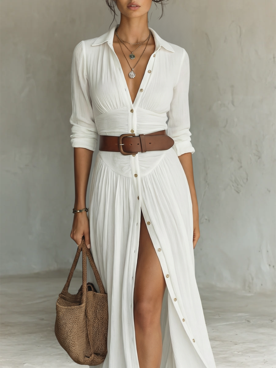 Cotton-Linen Long-Sleeve Lapel Maxi Dress