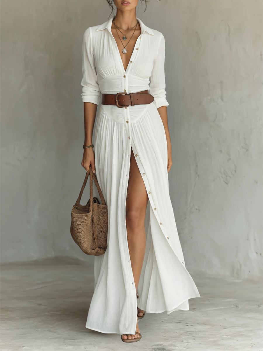 Cotton-Linen Long-Sleeve Lapel Maxi Dress