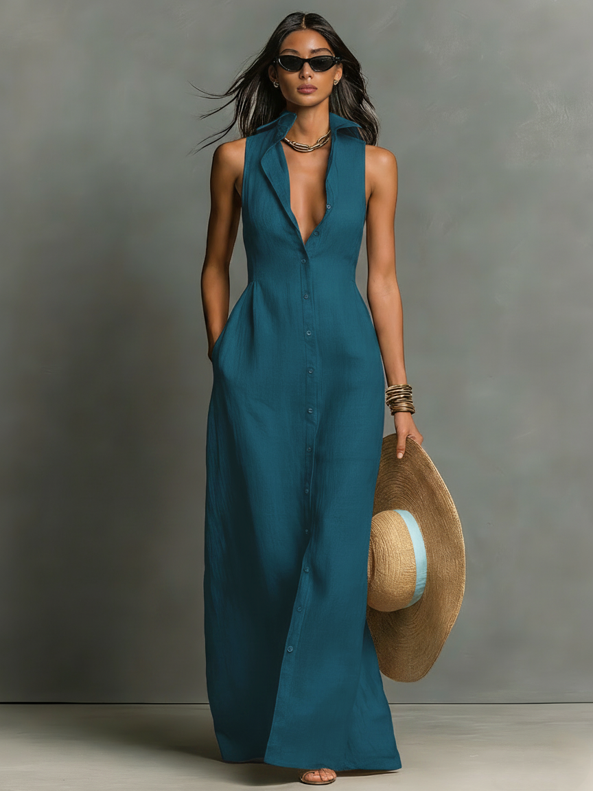 Minimalist Sleeveless Linen Maxi Shirt Dress