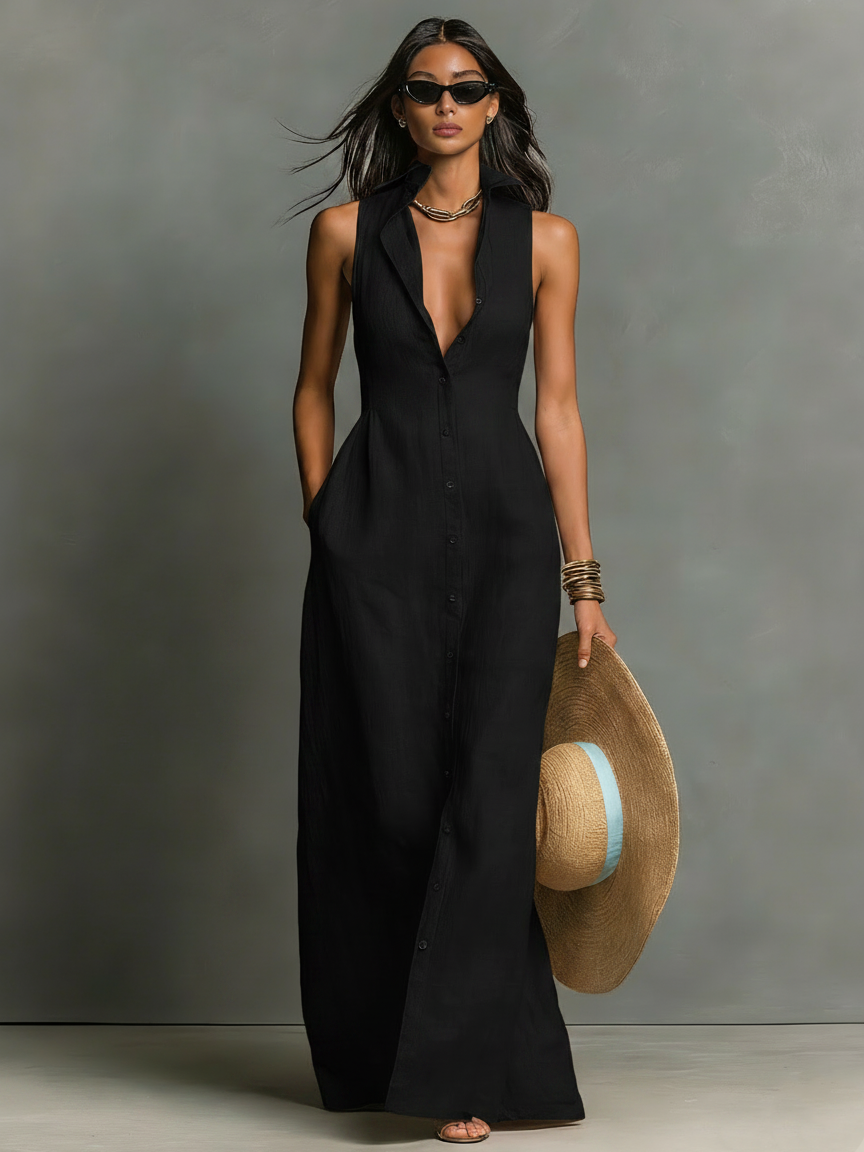 Minimalist Sleeveless Linen Maxi Shirt Dress