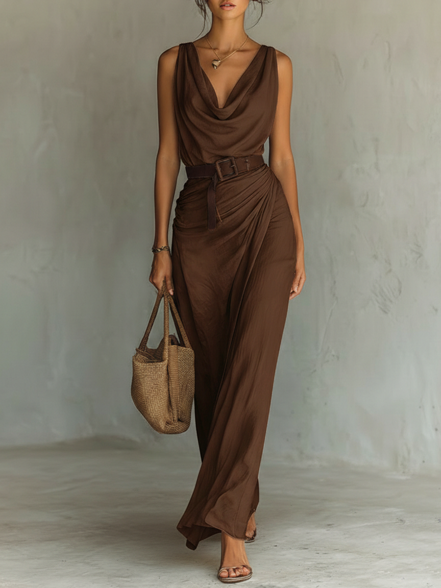 Minimalist Sleeveless Draped-Neck Maxi Dress