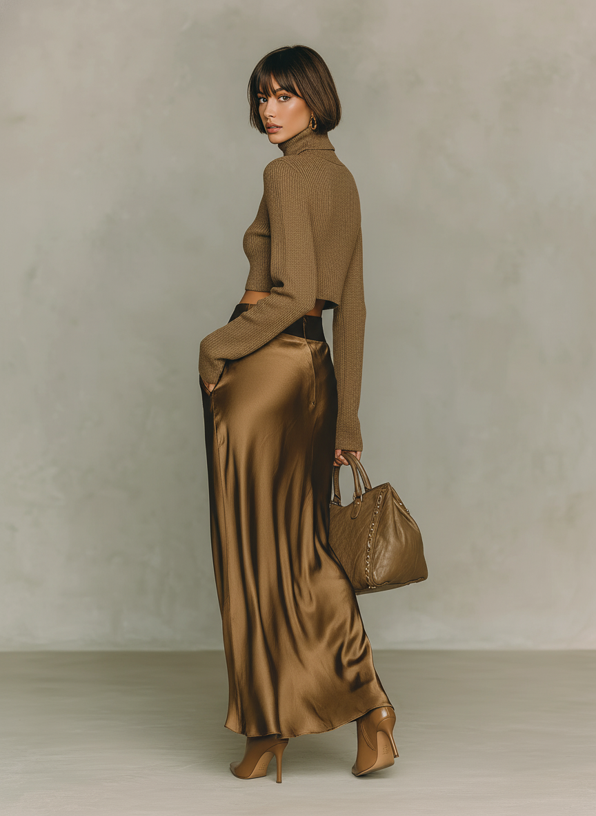 Golden Brown Turtleneck & Satin Midi Skirt Set