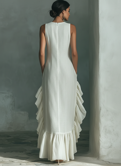 Ivory Sleeveless Linen Maxi Dress with Ruffle Hem