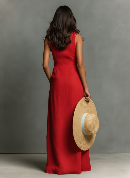 Minimalist Sleeveless Linen Maxi Shirt Dress
