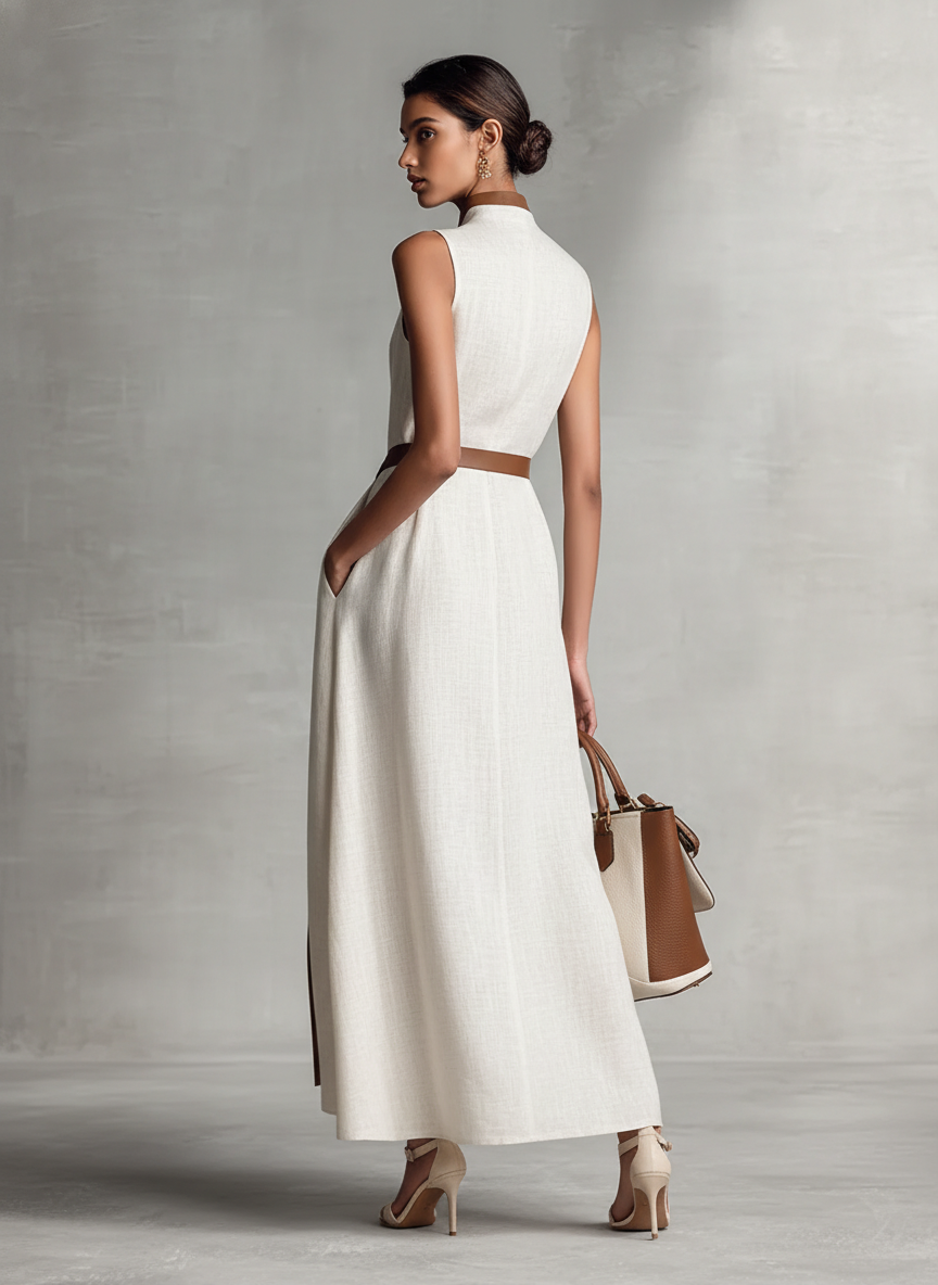 Sleeveless Cotton-Linen V-Neck Maxi Dress with Tie Belt