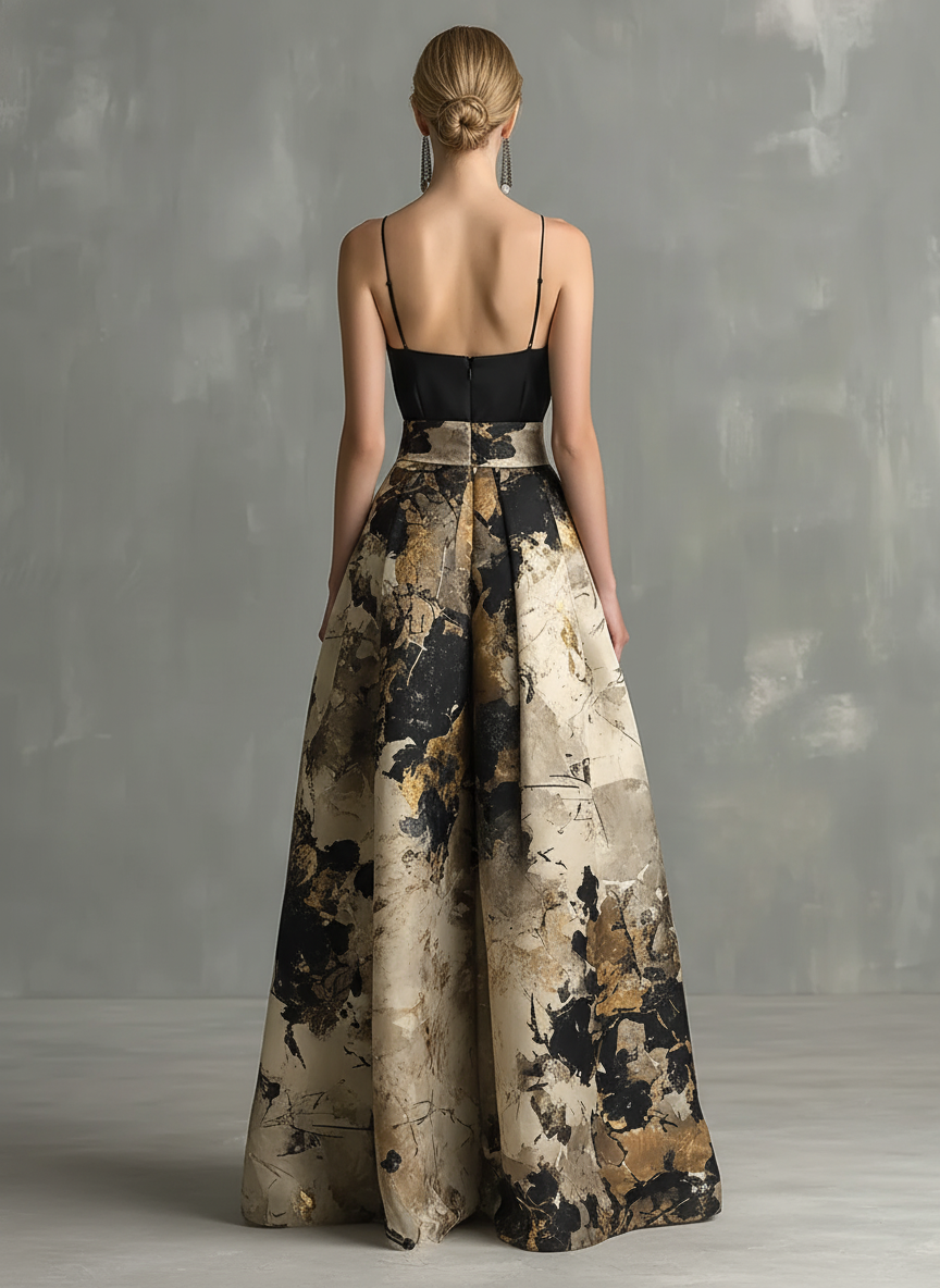 Black & Beige Abstract Print Strappy V-Neck Maxi Dress