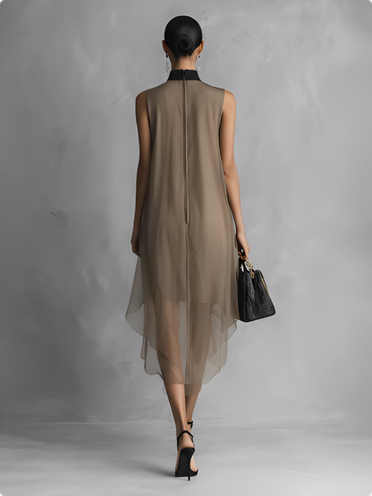 Khaki & Brown Two-Tone Sleeveless Chiffon Dress