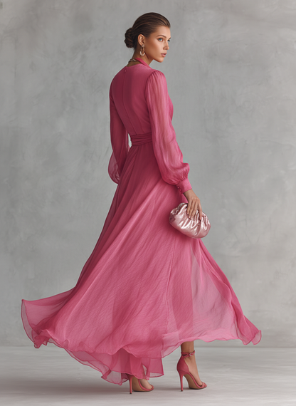 Dusty Pink Pearl Chiffon Long Dress with Tie Waist