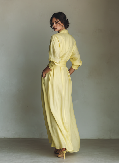 Lemon Yellow Cotton-Linen Maxi Shirt Dress with Tie Belt