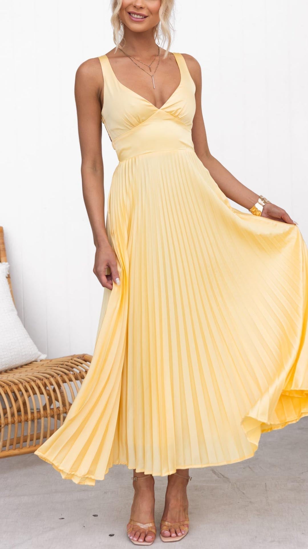 Malka – Pleated V-Neck Maxi Dress
