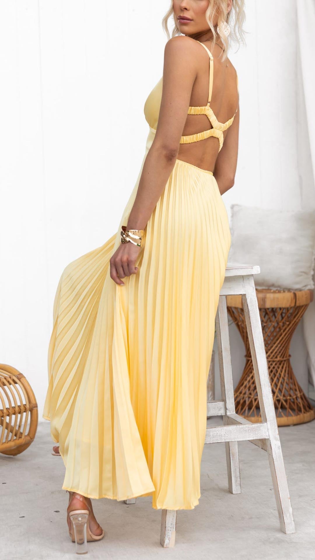 Malka – Pleated V-Neck Maxi Dress