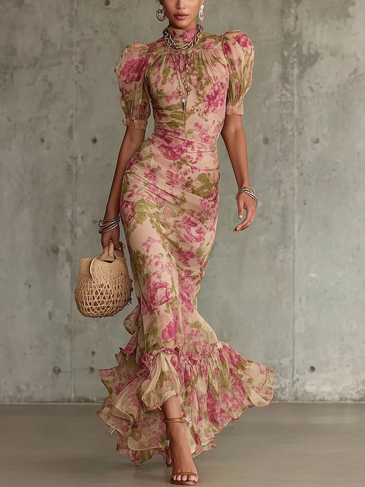 Vintage Pink Print Puff-Sleeve Mermaid Maxi Dress