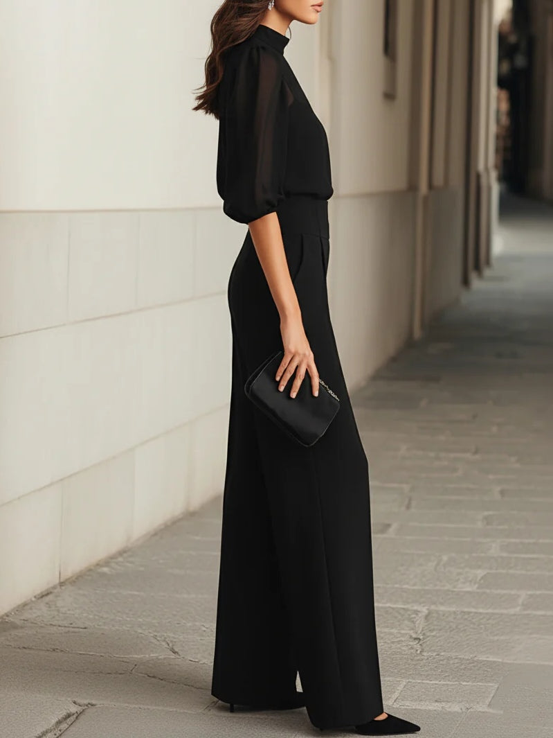 Black Sheer Camisole & Wide-Leg Trouser Three-Piece Set