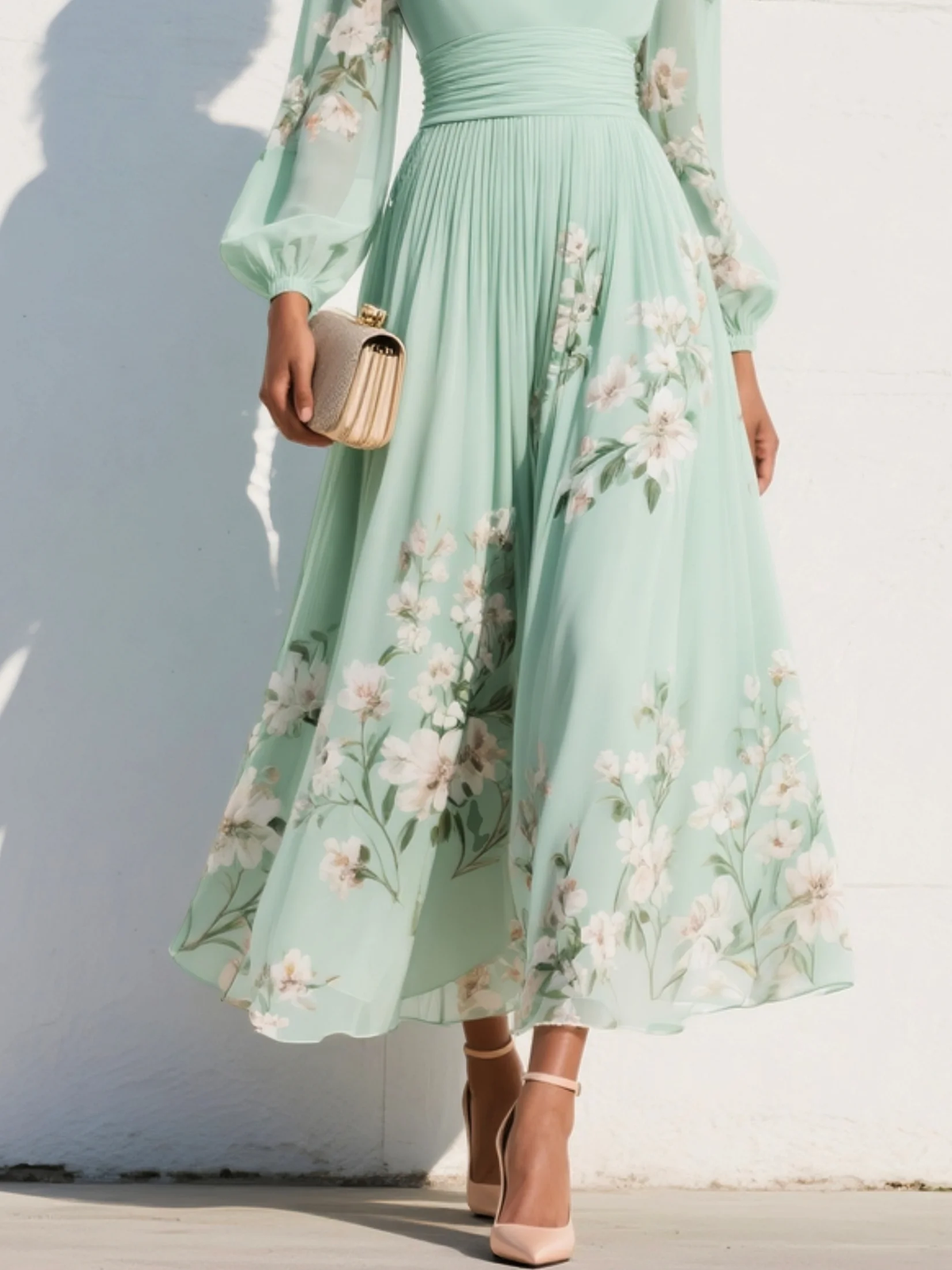 Mint Green Floral Pleated Chiffon Maxi Dress