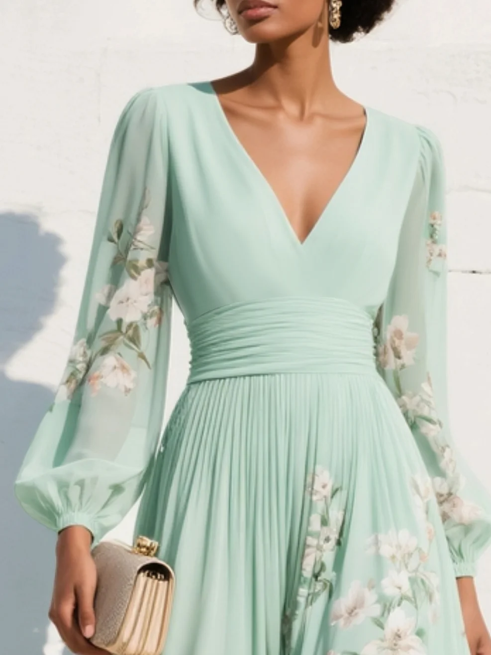 Mint Green Floral Pleated Chiffon Maxi Dress