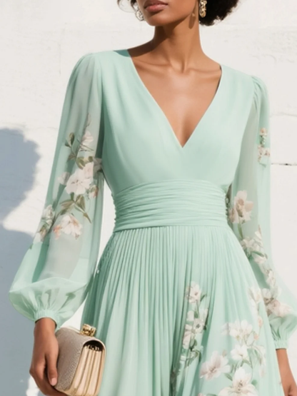 Mint Green Floral Pleated Chiffon Maxi Dress