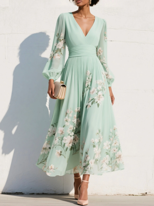 Mint Green Floral Pleated Chiffon Maxi Dress