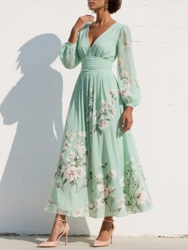 Mint Green Floral Pleated Chiffon Maxi Dress
