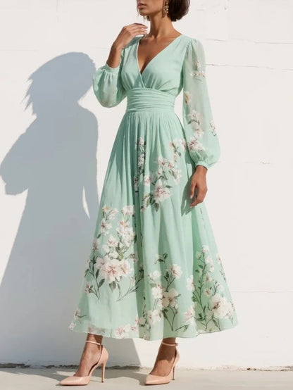 Mint Green Floral Pleated Chiffon Maxi Dress