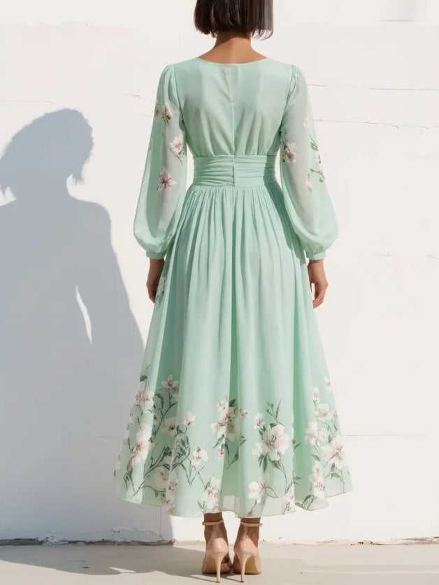 Mint Green Floral Pleated Chiffon Maxi Dress