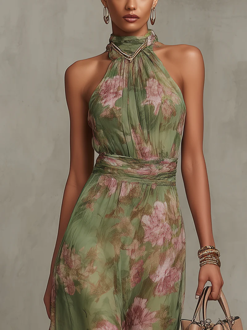 Serena | Green Floral Chiffon Halter Maxi Dress