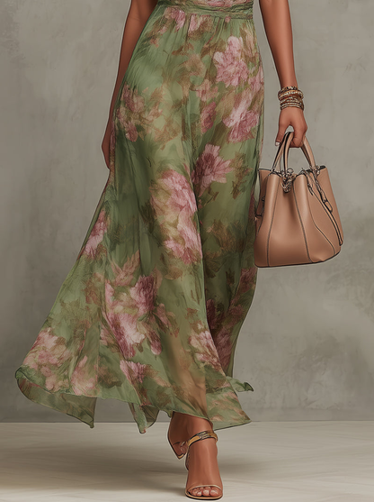Serena | Green Floral Chiffon Halter Maxi Dress