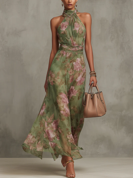 Serena | Green Floral Chiffon Halter Maxi Dress