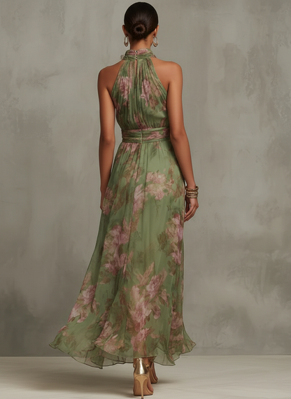 Serena | Green Floral Chiffon Halter Maxi Dress