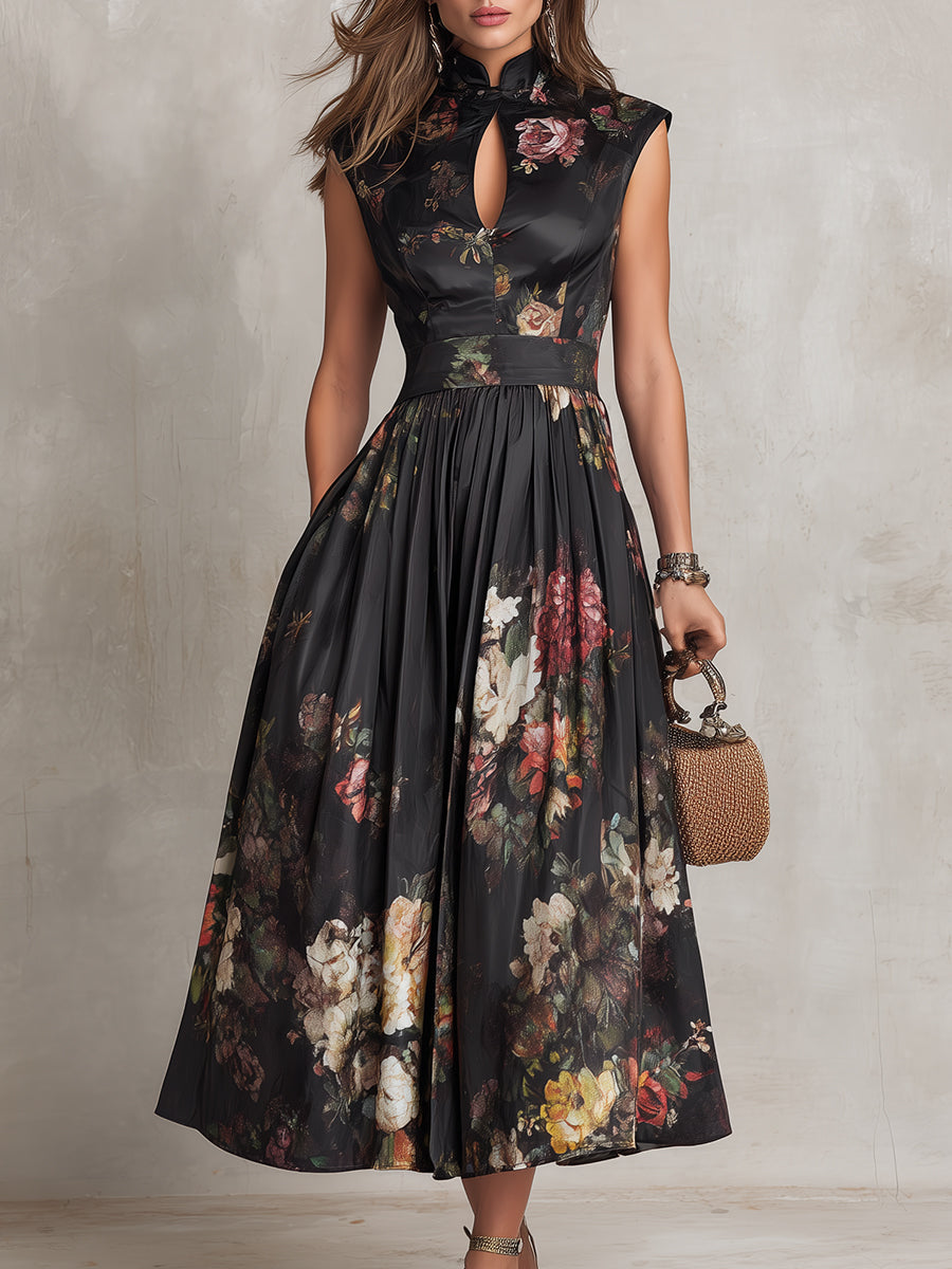 Black Silk Pleated Floral Midi Dress with Keyhole Neckline