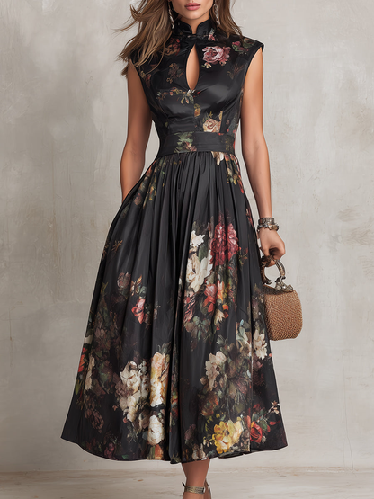 Black Silk Pleated Floral Midi Dress with Keyhole Neckline