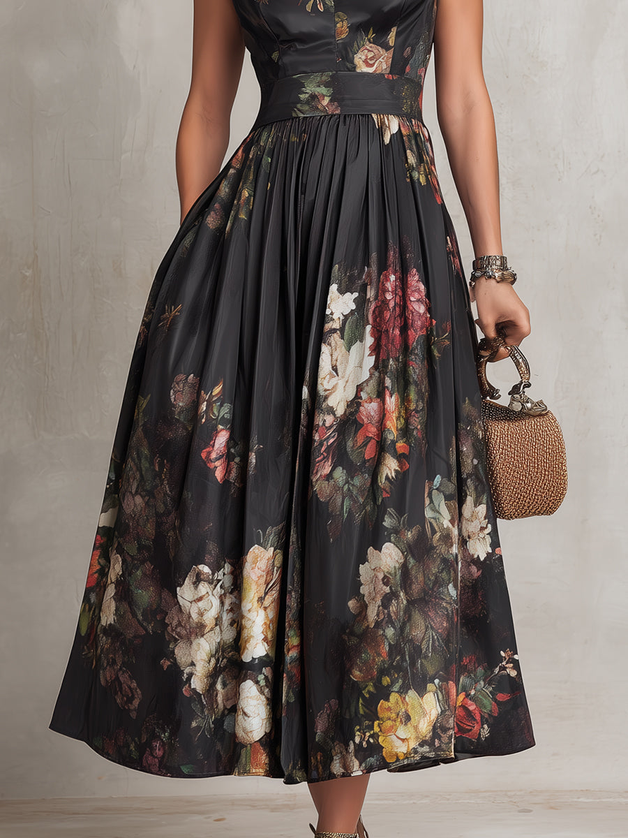 Black Silk Pleated Floral Midi Dress with Keyhole Neckline