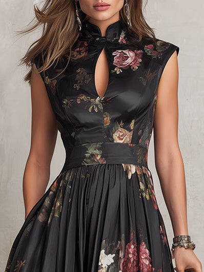 Black Silk Pleated Floral Midi Dress with Keyhole Neckline