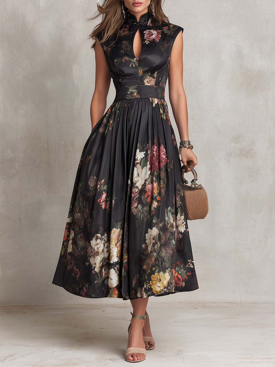 Black Silk Pleated Floral Midi Dress with Keyhole Neckline
