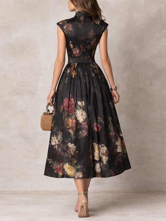 Black Silk Pleated Floral Midi Dress with Keyhole Neckline