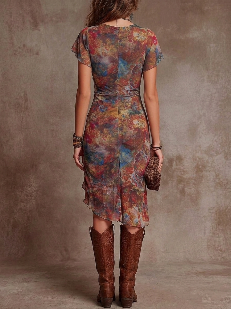 Abstract Art Print Pleated Boho Midi Dress