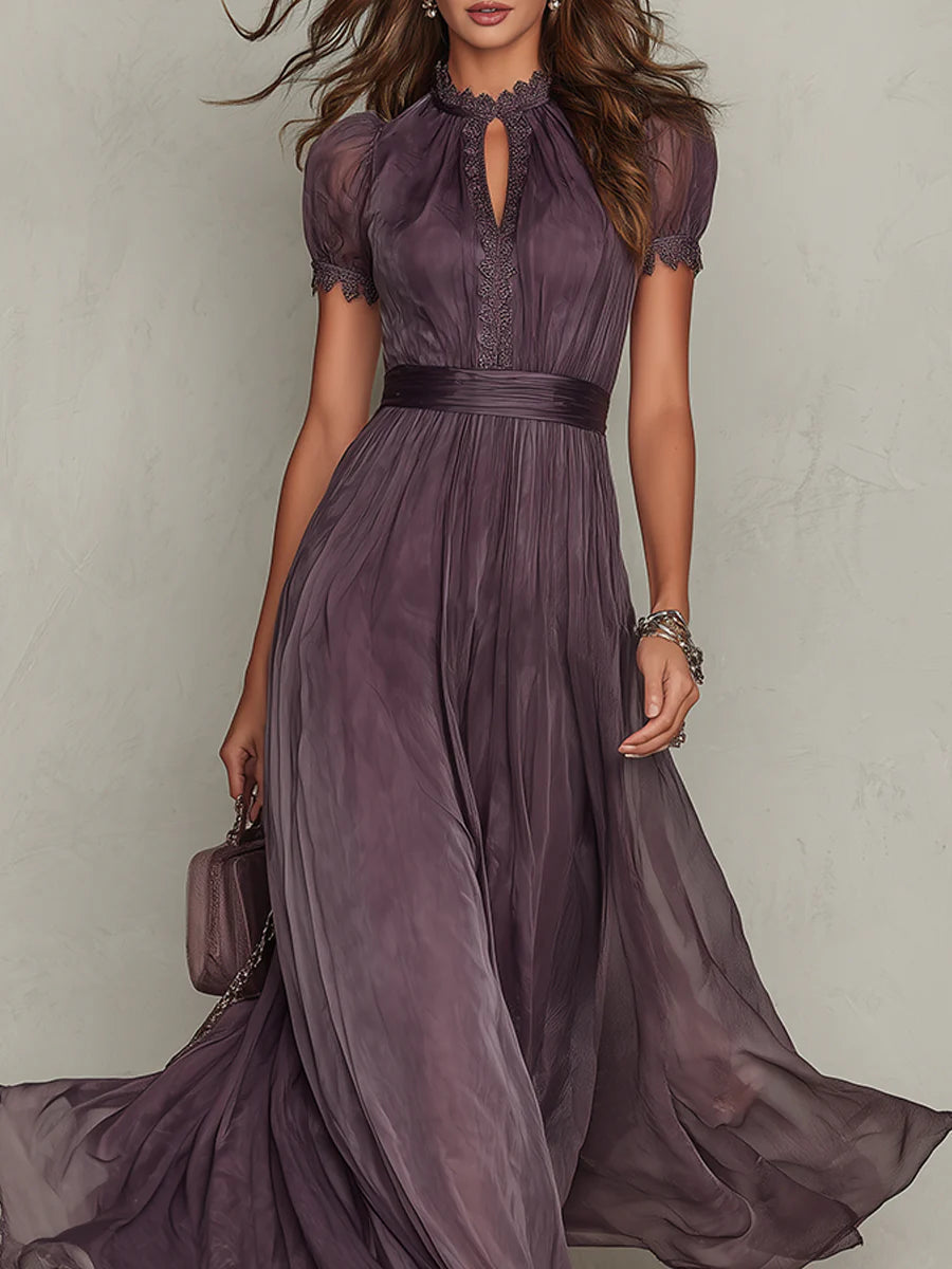 Purple Chiffon Lace-Trim Keyhole Maxi Dress