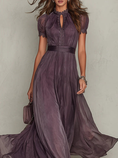 Purple Chiffon Lace-Trim Keyhole Maxi Dress