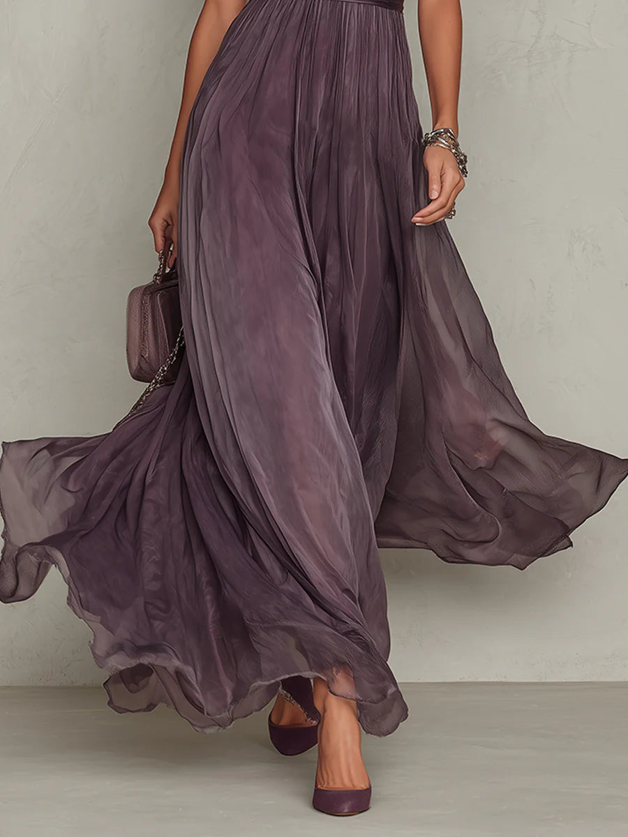 Purple Chiffon Lace-Trim Keyhole Maxi Dress