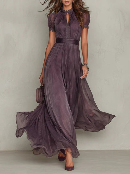 Purple Chiffon Lace-Trim Keyhole Maxi Dress