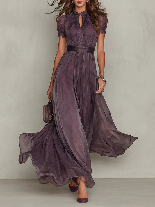 Purple Chiffon Lace-Trim Keyhole Maxi Dress