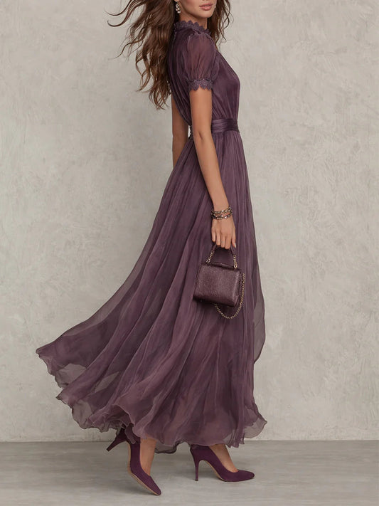 Purple Chiffon Lace-Trim Keyhole Maxi Dress