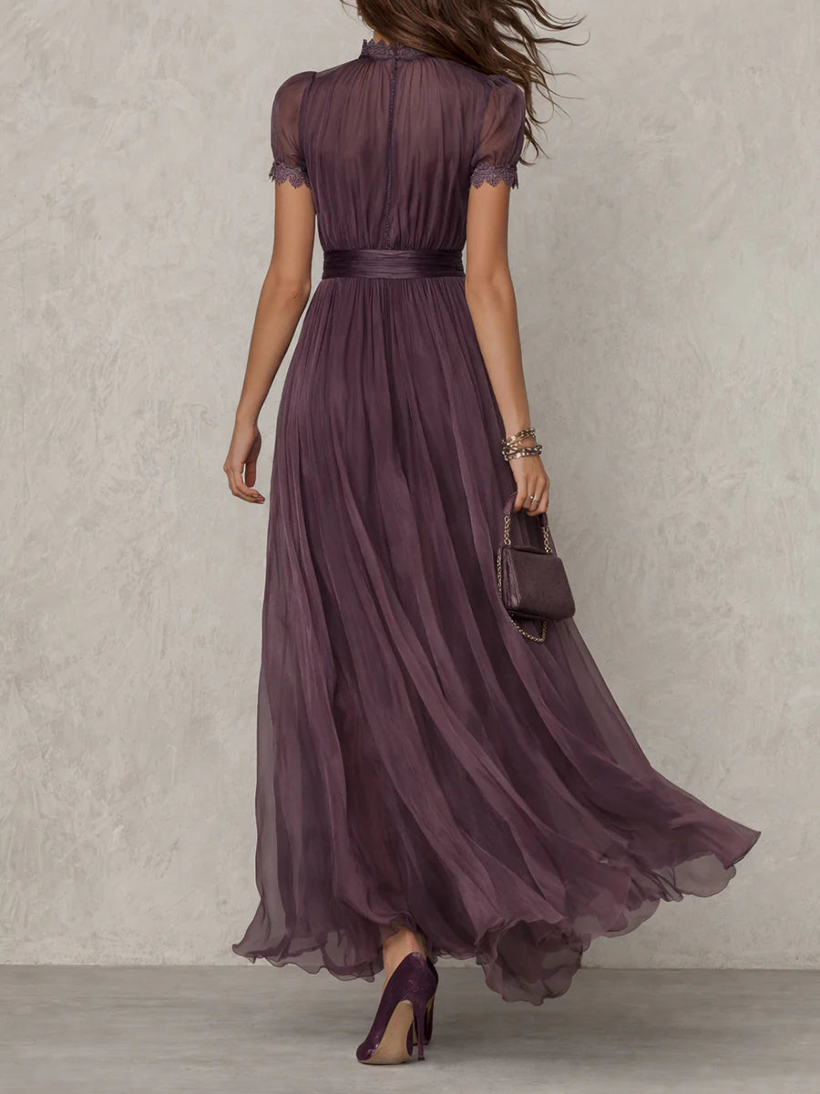 Purple Chiffon Lace-Trim Keyhole Maxi Dress