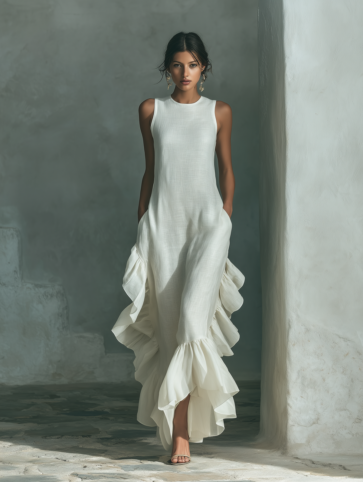 Ivory Sleeveless Linen Maxi Dress with Ruffle Hem