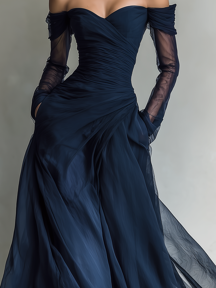 Dark Blue Organza Chiffon Off-Shoulder Maxi Dress
