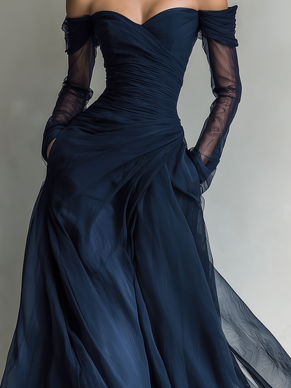 Dark Blue Organza Chiffon Off-Shoulder Maxi Dress